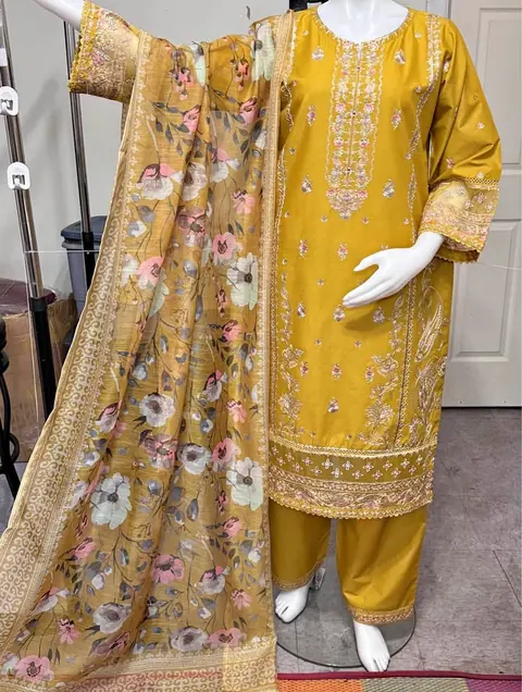 Mustard Cotton Embroidered Dress with Monar Dupatta