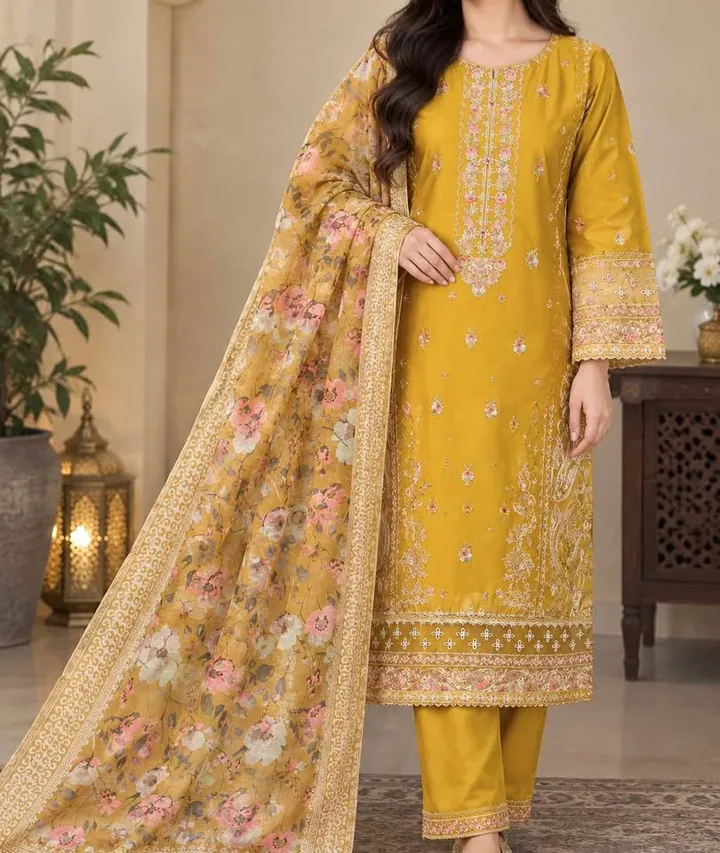 Mustard Cotton Embroidered Dress with Monar Dupatta, photo 2 of 7