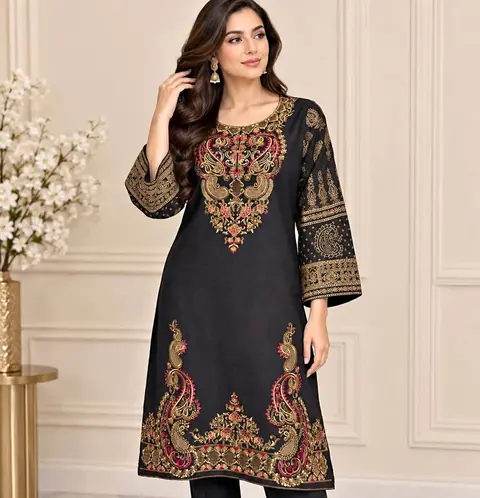 Black Viscose Embroidered Kurti / Top