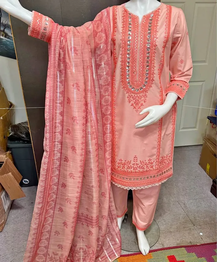 Peach Cotton Embroidered Dress with Monar Dupatta, photo 1 of 5