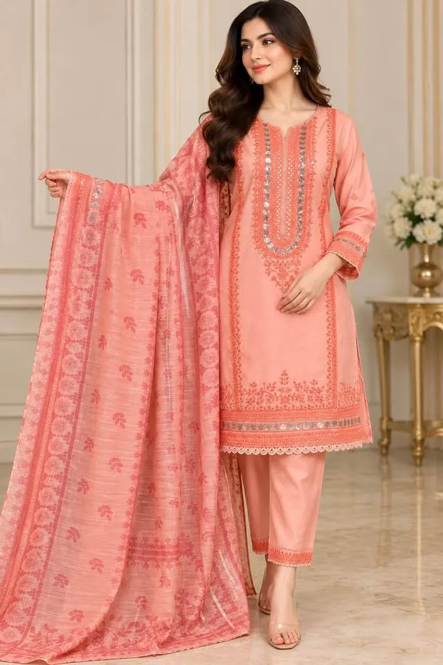 Peach Cotton Embroidered Dress with Monar Dupatta, photo 2 of 5