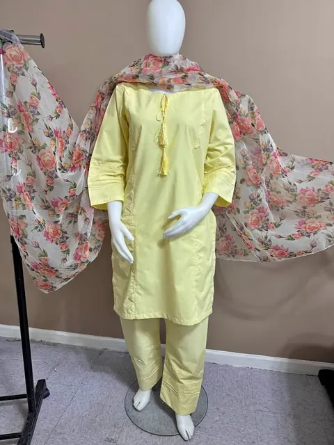Yellow Thick Cotton Tailor Stitch Dress with Organza Dupatta