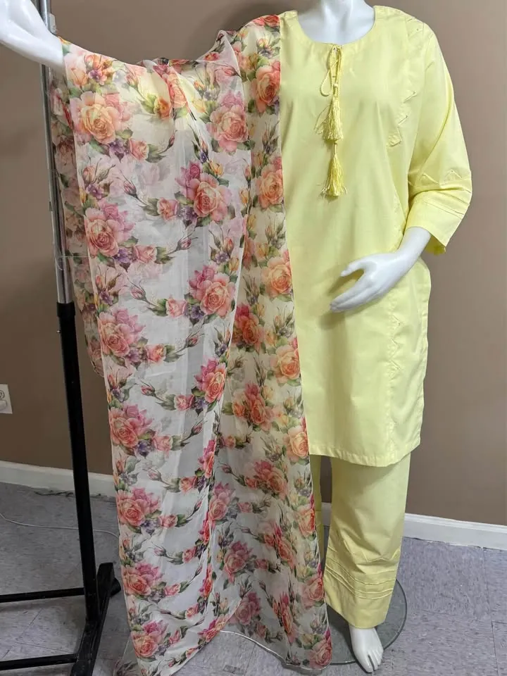Yellow Thick Cotton Tailor Stitch Dress with Organza Dupatta, photo 2 of 5