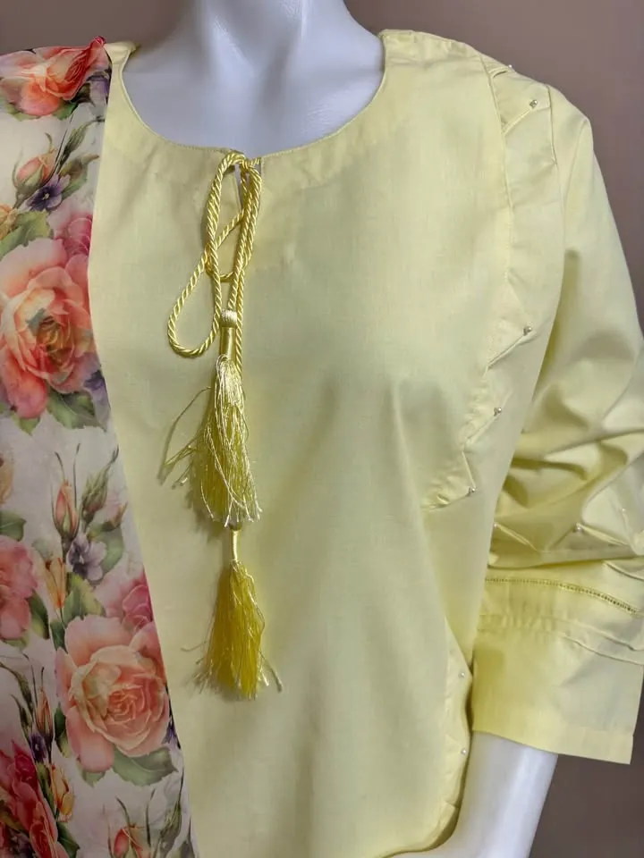Yellow Thick Cotton Tailor Stitch Dress with Organza Dupatta, photo 3 of 5
