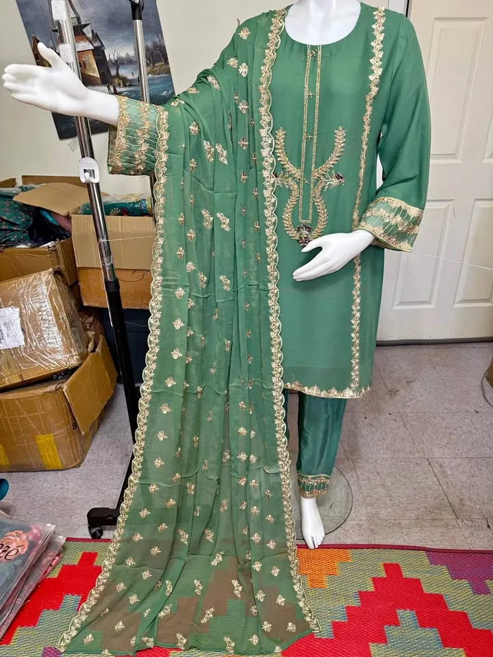 Green Chiffon Embroidered Dress, photo 1 of 5