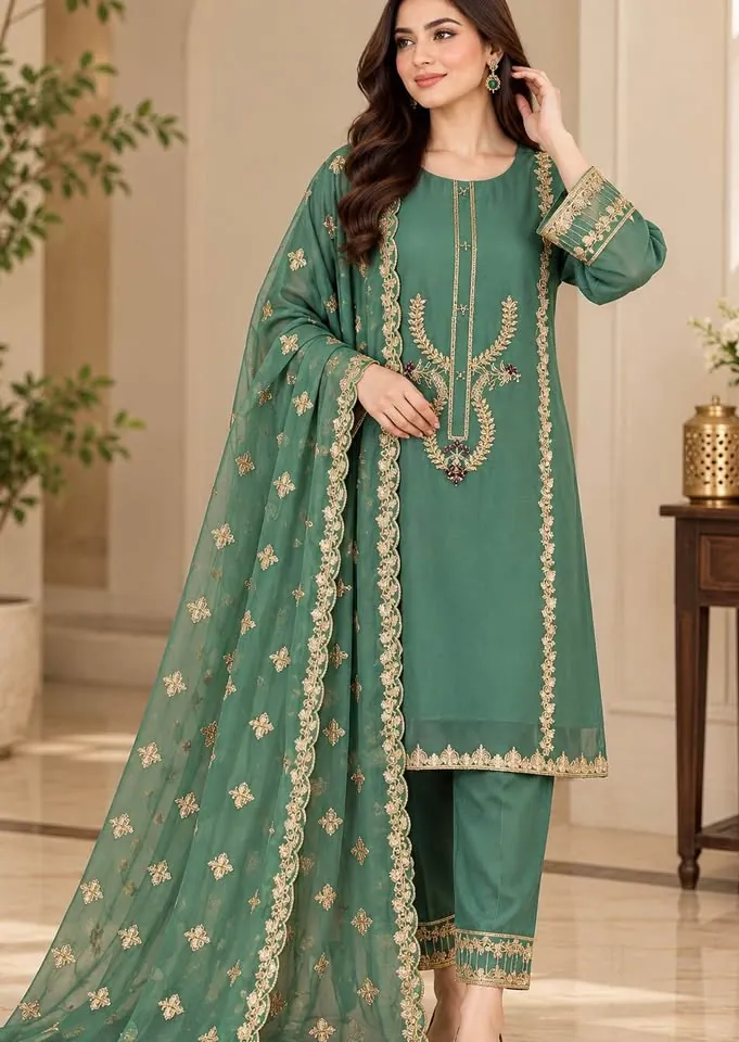 Green Chiffon Embroidered Dress, photo 2 of 5