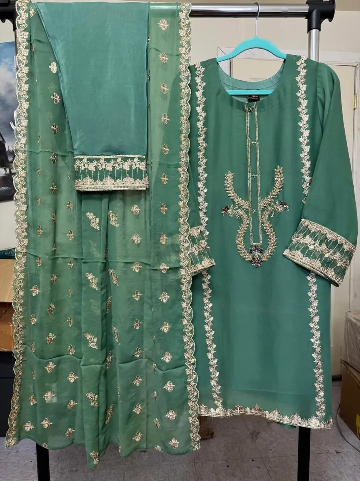 Green Chiffon Embroidered Dress, photo 3 of 5
