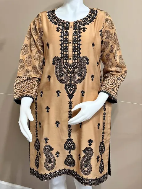 Beige Viscose Embroidered Kurti / Top