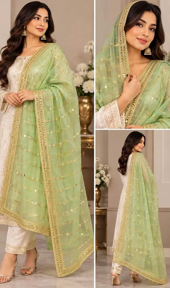 Green Organza Embroidered Fancy Dupatta / Shawl, photo 2 of 6