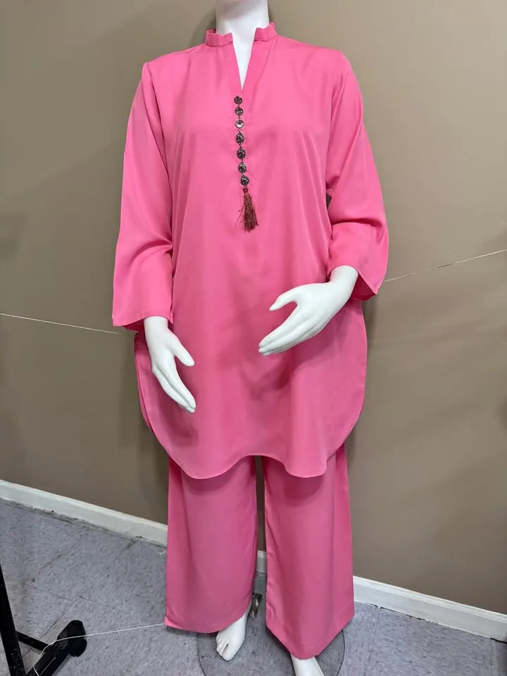 Pink Georgette Tailor Stitch Cordset / 2-Piece Palazzo Suit, photo 1 of 4