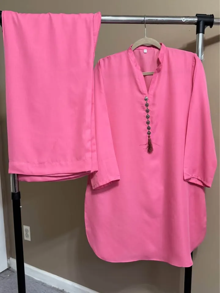 Pink Georgette Tailor Stitch Cordset / 2-Piece Palazzo Suit, photo 2 of 4