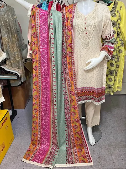 Beige Linen Neck Embroidered Dress