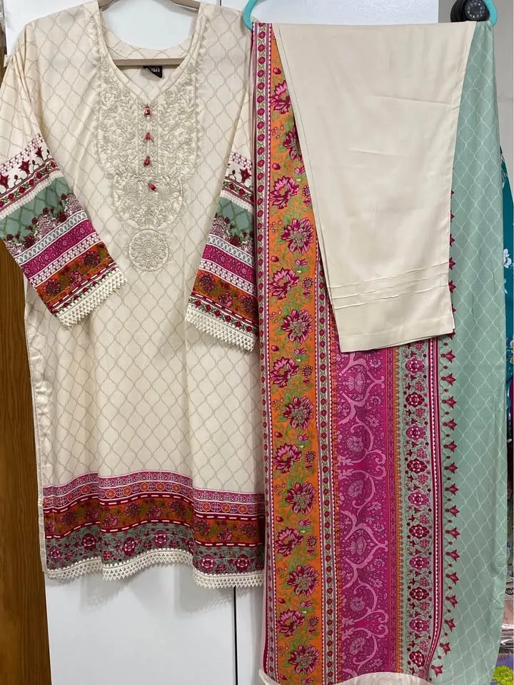 Beige Linen Neck Embroidered Dress, photo 2 of 3