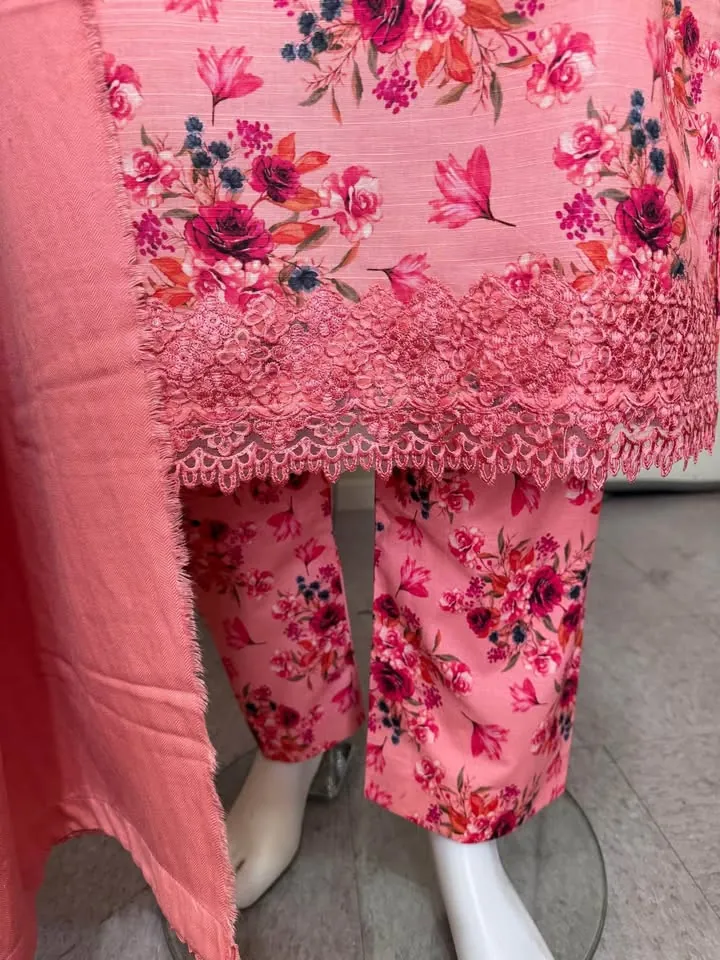Pink Floral Branded Khaddar Embroidered Dress, photo 7 of 8