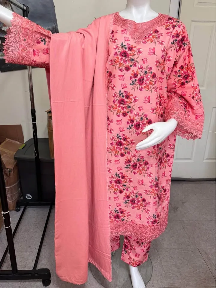 Pink Floral Branded Khaddar Embroidered Dress, photo 8 of 8