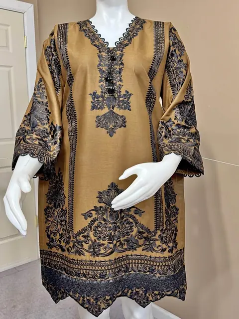 Brown Cotton Embroidered Kurti