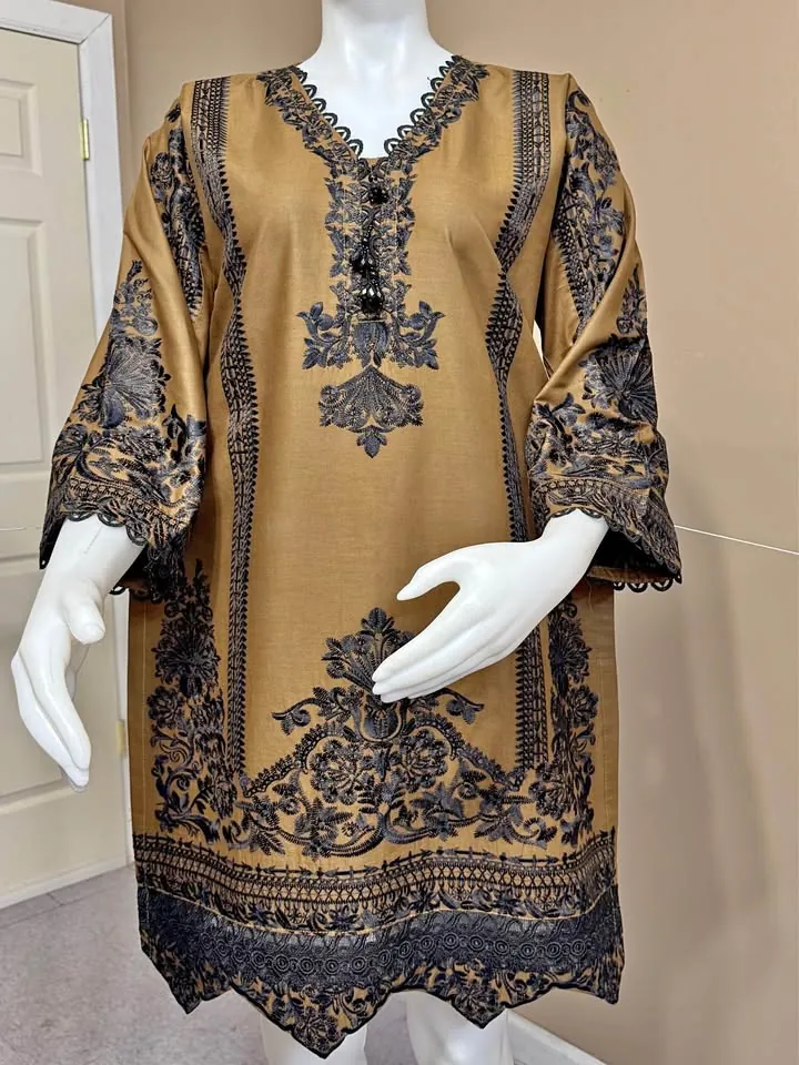 Brown Cotton Embroidered Kurti, photo 1 of 5